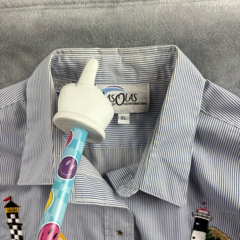 Nautical Lighthouse Embroidered Shirt XL Blue Stripe Coastal‎ Button Up Resort - Picture 9 of 13